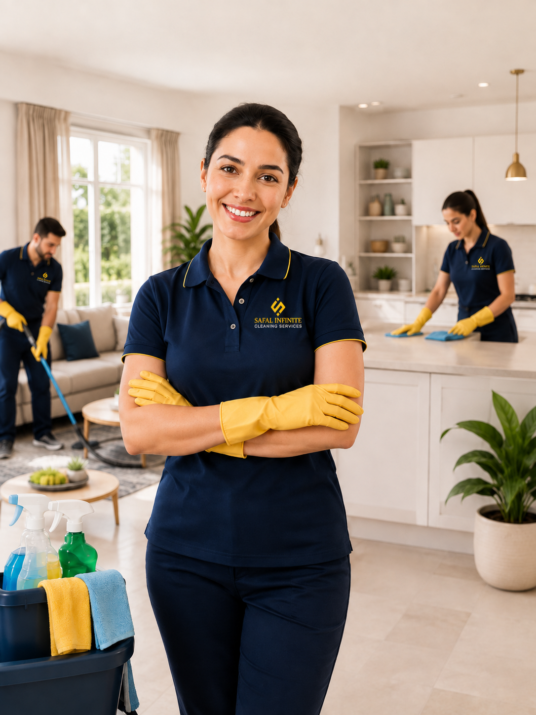 Professional cleaner wiping a kitchen cabinet